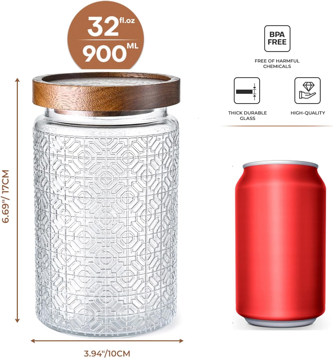 32oz Vintage Glass Jar With Lid, Glass Storage Containers, Airtight Kitchen Storage Containers For Sugar, Coffee, Tea, Spice, Flour, Candy Cookie, Pasta, Cereal, Cute Decorative Jars-VerdiqueGarden