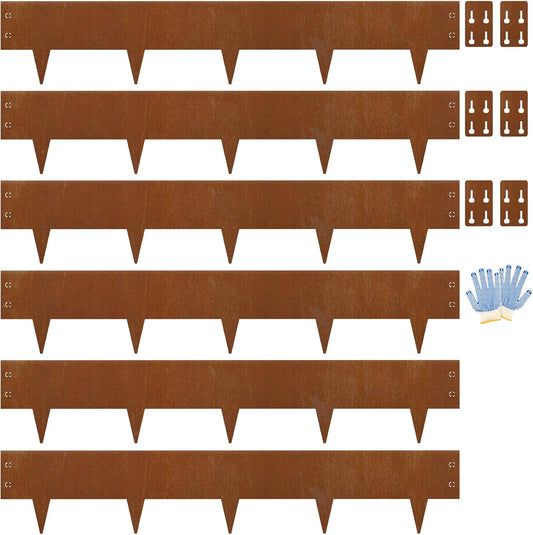 Heavy-Duty Cor-Ten Steel Landscape Edging (8" H x 40" L) - 6-Pack (20 Ft Total) | Pre-Rusted, Weatherproof Garden Border | Hammer-in, No Dig, Bendable Design for Lawns, Flower Beds & Trees-VerdiqueGarden