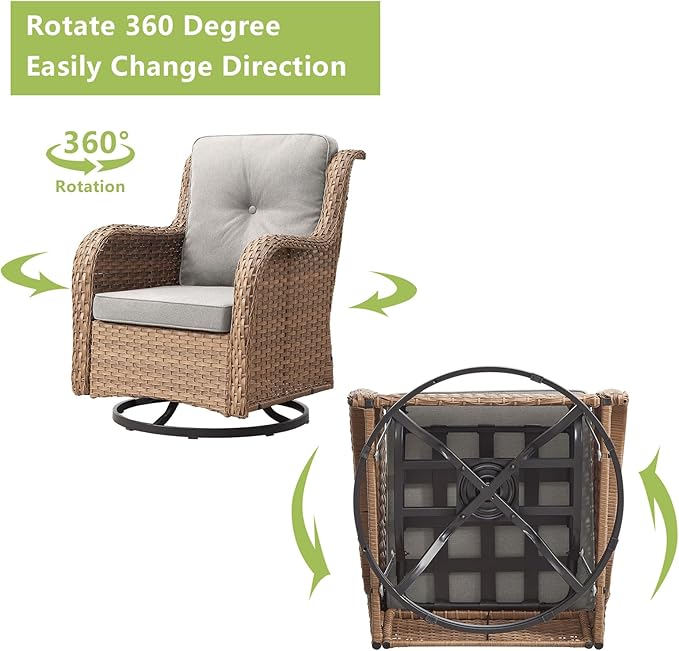 Outdoor Wicker Patio Furniture Set - 5 Pieces Rattan Patio Conversation Set with 2 Rocking Swivel Chairs,2 Ottomans and 1 Side Table for Porch Deck Backyard Garden(Yellow/Beige)-VerdiqueGarden