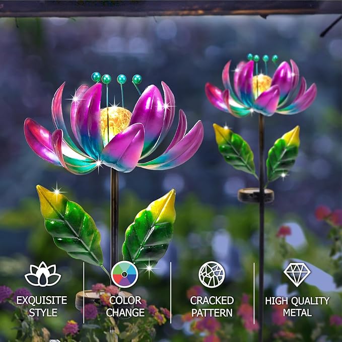 Solar Purple Metal Flower Wind Spinners, Colorful Spinning Windmill Lotus Yard Art Lights Wind Pinwheels with LED Crystal Ball Decorative Stake Lighting Flower Sculpture-VerdiqueGarden