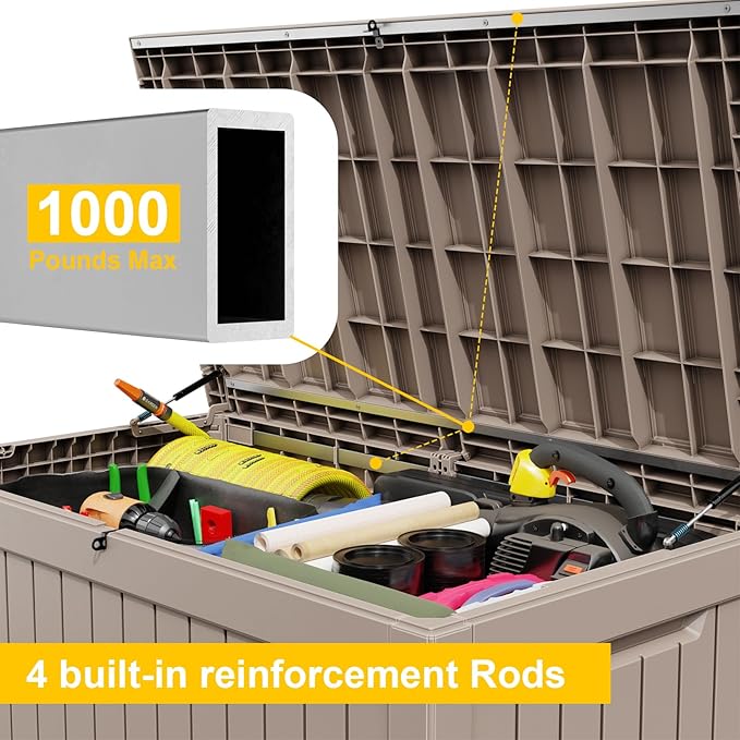 DRATO 230 Gallon Deck Box, Waterproof Resin Large Outdoor Storgae Box for Patio Furniture, Patio Cushions, Gardening Tools, Pool and Sports Supplies, Lockable-VerdiqueGarden