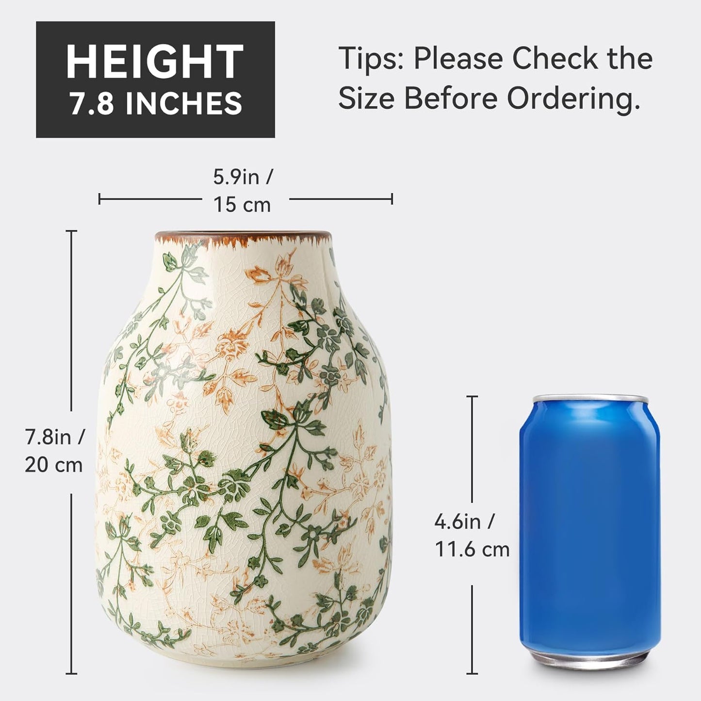 Green and Beige Vintage Vase, Chinoiserie Floral Vase, Rustic Ceramic Large Vases for Home Decors, Living Room, Bookshelf, Office, Grand Millennial Decor, Chinoiserie Decors, Tuscan Decor 7.8 Inch-VerdiqueGarden