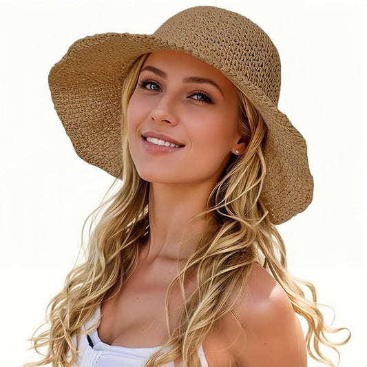 Womens Straw Beach Sun Hats, Foldable Packable Floppy Handmade Crochet Hats for Women,Large Summer Vacation Wide Brim Hat-VerdiqueGarden