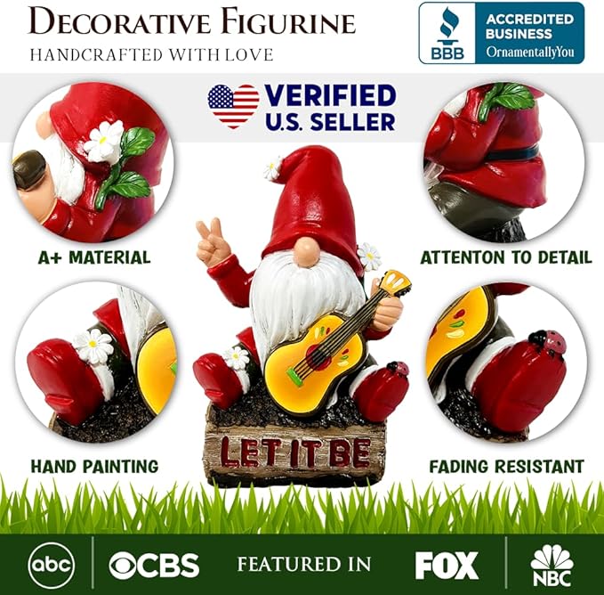 Hippy Gnome with Guitar Garden Statue, Unique Flowers and Peace Sign-VerdiqueGarden