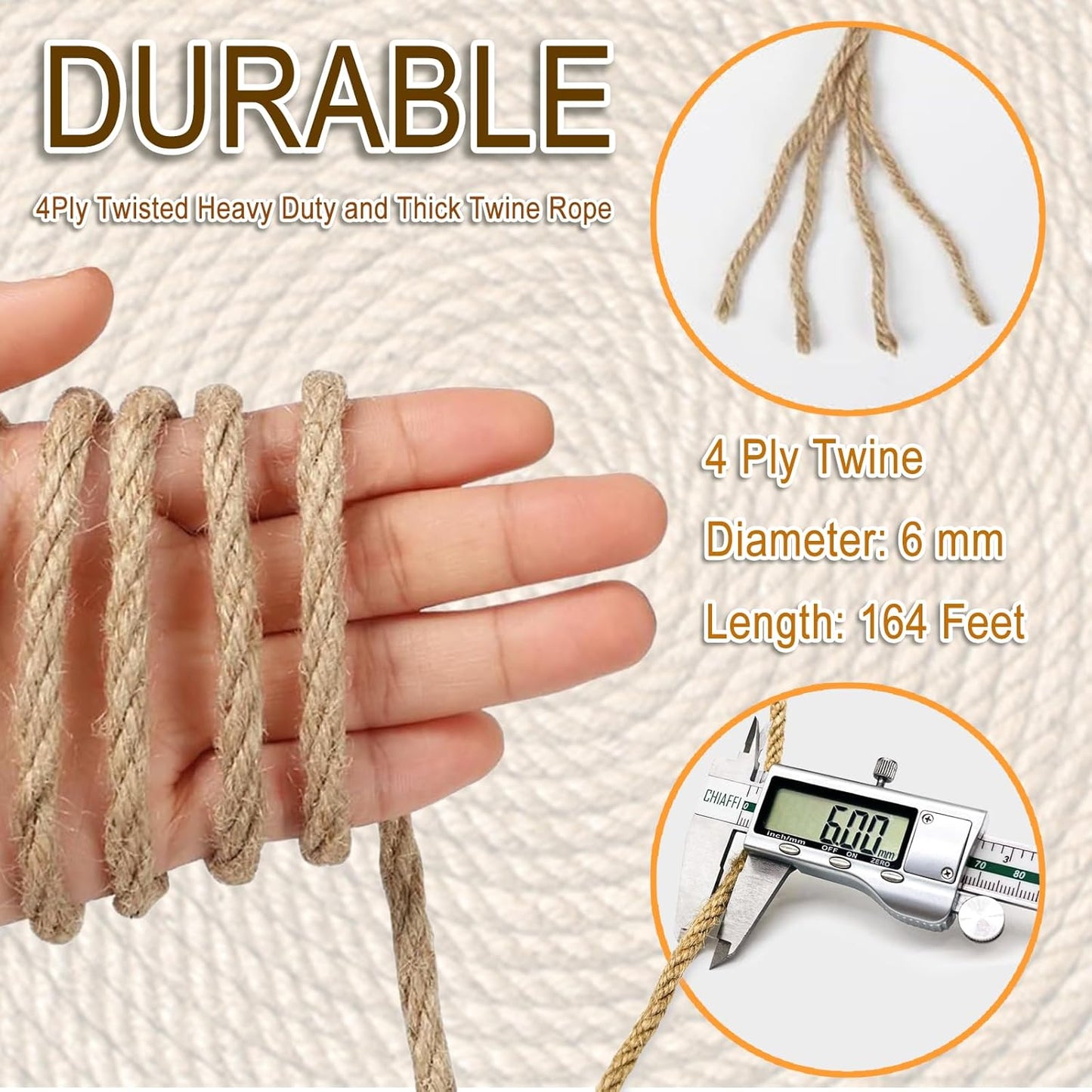 6mm Jute Twine String, 164 Feet 4 Ply Thick Heavy Duty Twine Rope for Crafts, Cat Scratching Post, Cats Toy Making, Gardening Plant, Packing, Bundling, Christmas, Wedding Decor-VerdiqueGarden