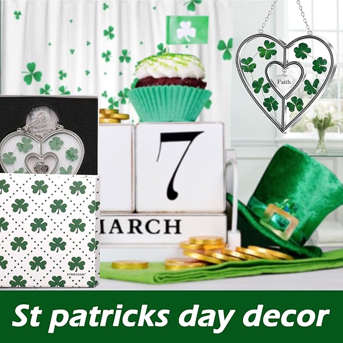 KY&BOSAM Shamrock Heart Suncatcher Faith Suncatcher St Patrick's Day Decoration Grandma Gifts for Windows Hangings Wind Chime with Pressed Flower Gifts for Mom Mother`s Day Valentine's-VerdiqueGarden