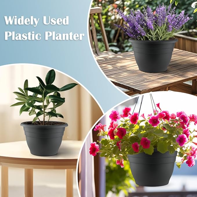11 Inch Plant Pots, 3 Pack Planters for Indoor Ourdoor Plants, Round Plastic Flower Pots, Large Planters with Drainage Hole and Plug, Gray-VerdiqueGarden