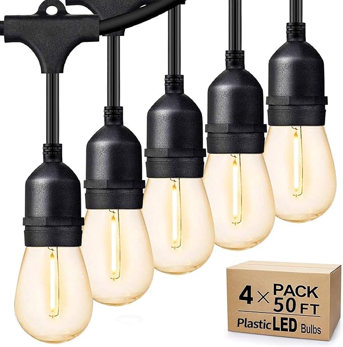 Svater Outdoor String Lights 200 FT, E26 Socket, 64pc S14 Shatterpoof Bulbs, 1 Watt Dimmable 2700K Warm White, IP65 Waterproof Commercial Grade Patio Light (4 Pack X 50FT)-VerdiqueGarden