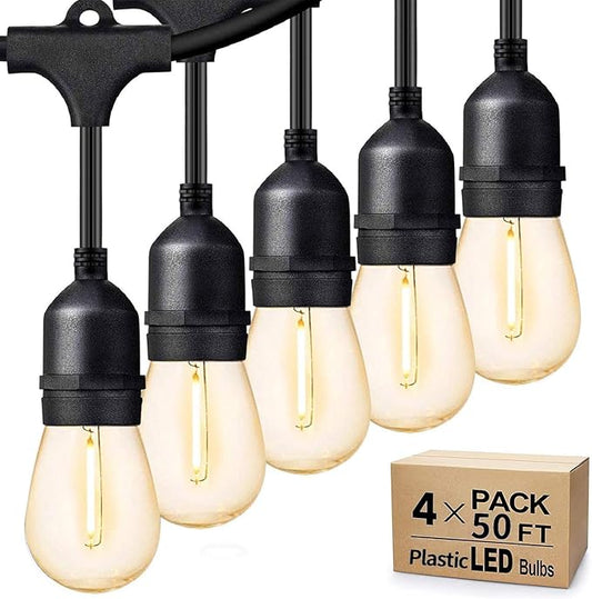 Svater Outdoor String Lights 200 FT, E26 Socket, 64pc S14 Shatterpoof Bulbs, 1 Watt Dimmable 2700K Warm White, IP65 Waterproof Commercial Grade Patio Light (4 Pack X 50FT)-VerdiqueGarden