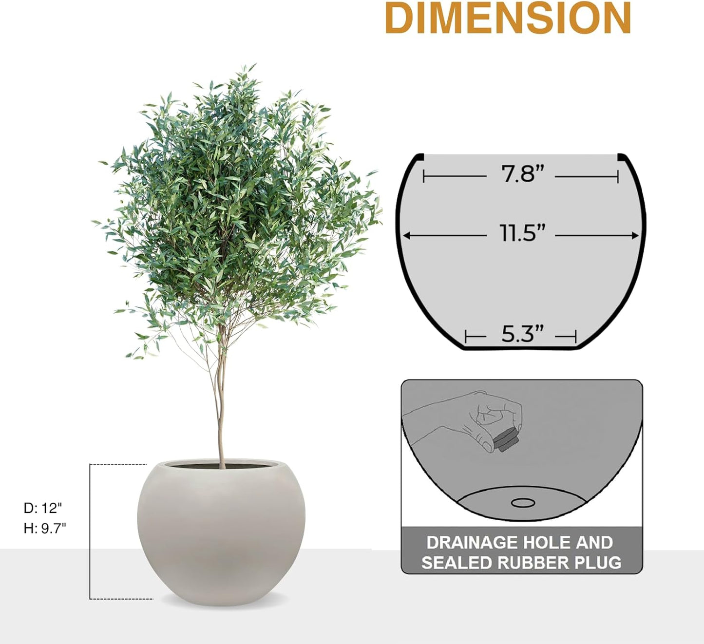 9.7" H x 12" D Globo Fiberstone Round Planter with Drainage Hole, Weather Resistant, Smooth Finish, Planters for Indoor Plants & Outdoor, 2 Extra Coco Mats (Taupe, 7.8" Pot Opening)-VerdiqueGarden