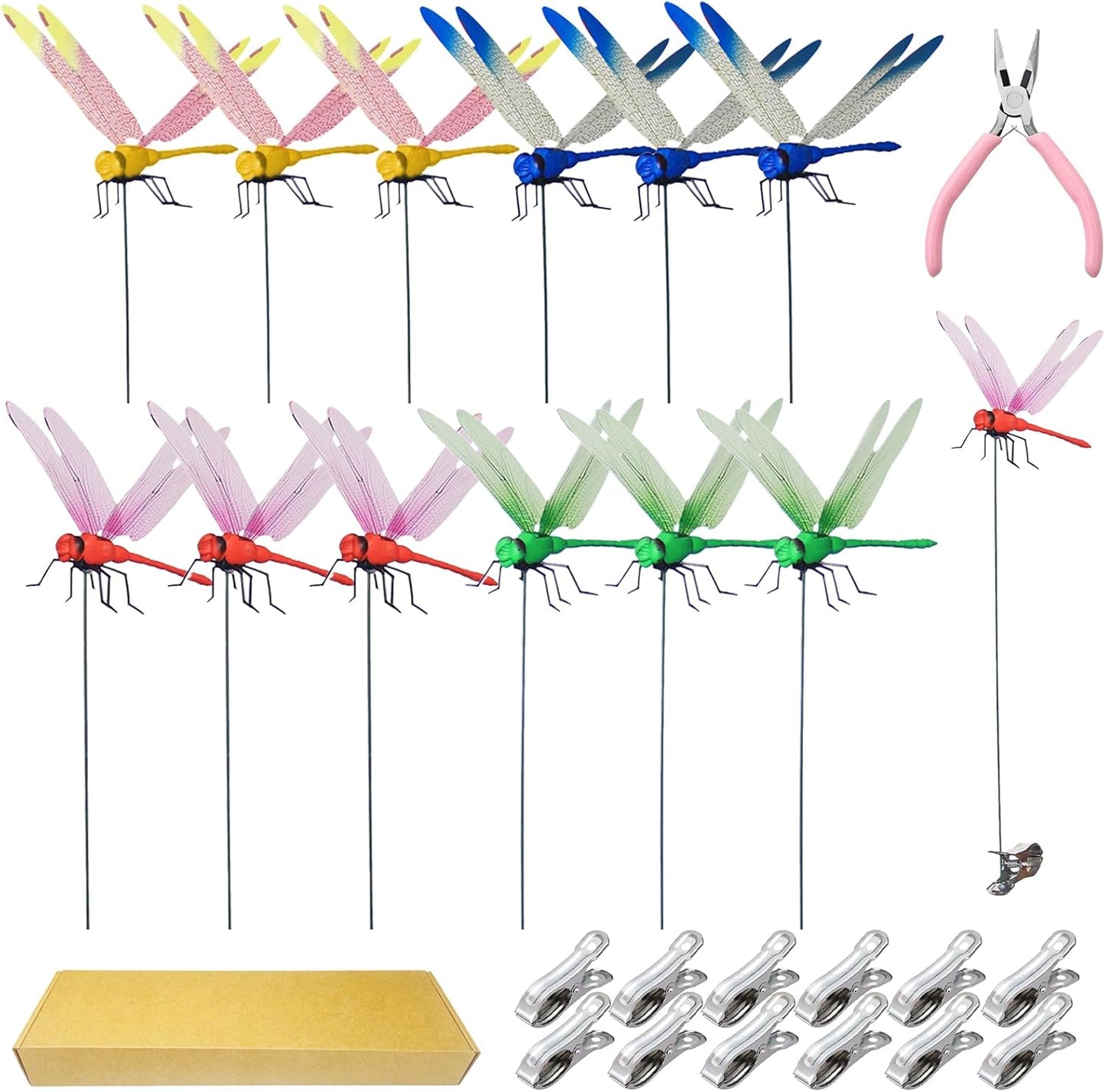 Jongdari 12 Sets Dragonfly Hat Clip Realistic Fake Dragonflies Clip-On Garden Outdoor Decor Stakes Plastic Dragon Fly Clips Plant Decorations for Pots, Includes Pliers & Clips-VerdiqueGarden