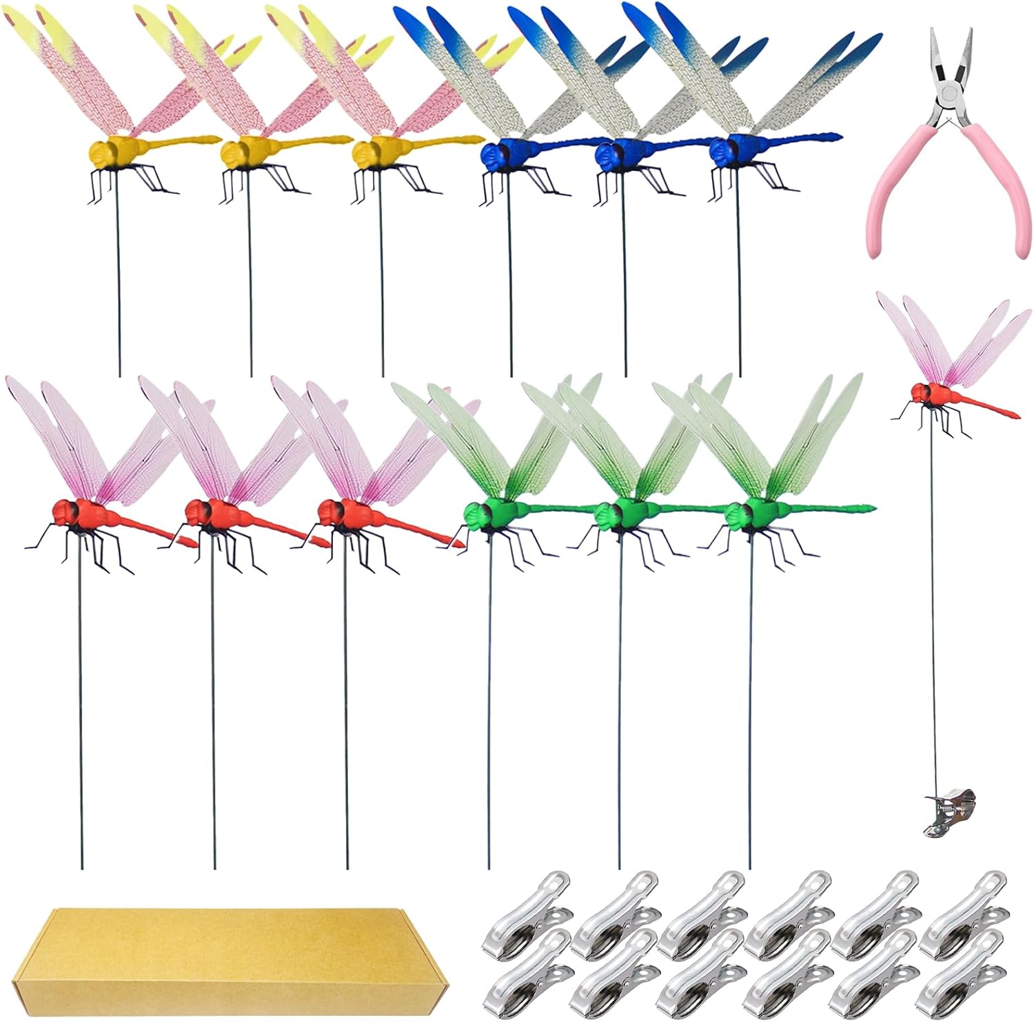 Jongdari 12 Sets Dragonfly Hat Clip Realistic Fake Dragonflies Clip-On Garden Outdoor Decor Stakes Plastic Dragon Fly Clips Plant Decorations for Pots, Includes Pliers & Clips-VerdiqueGarden