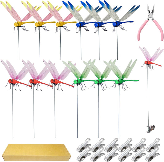 Jongdari 12 Sets Dragonfly Hat Clip Realistic Fake Dragonflies Clip-On Garden Outdoor Decor Stakes Plastic Dragon Fly Clips Plant Decorations for Pots, Includes Pliers & Clips-VerdiqueGarden