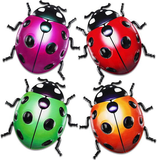 ULENDIS 4 PCS Cute Metal Ladybugs Wall Art Decor, 6.3 Inch Large Outdoor Wall Art Patio Fence Decorations, Colorful Yard Art Lawn Ornaments for Backyard Balcony-VerdiqueGarden