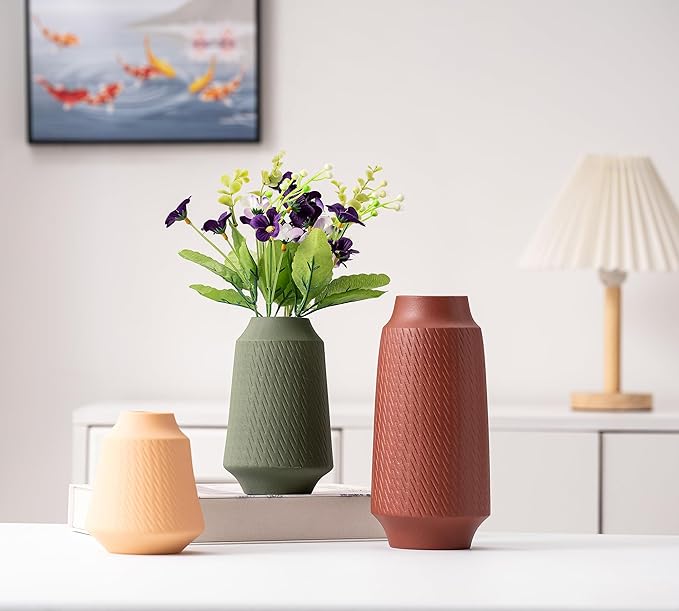 Ceramic Vase Set of 3, Modern Multicolor Pattern Flower Vases for Home Decor, Office, Centerpieces, Boho Farmhouse Style (Red/Green/Orange)-VerdiqueGarden