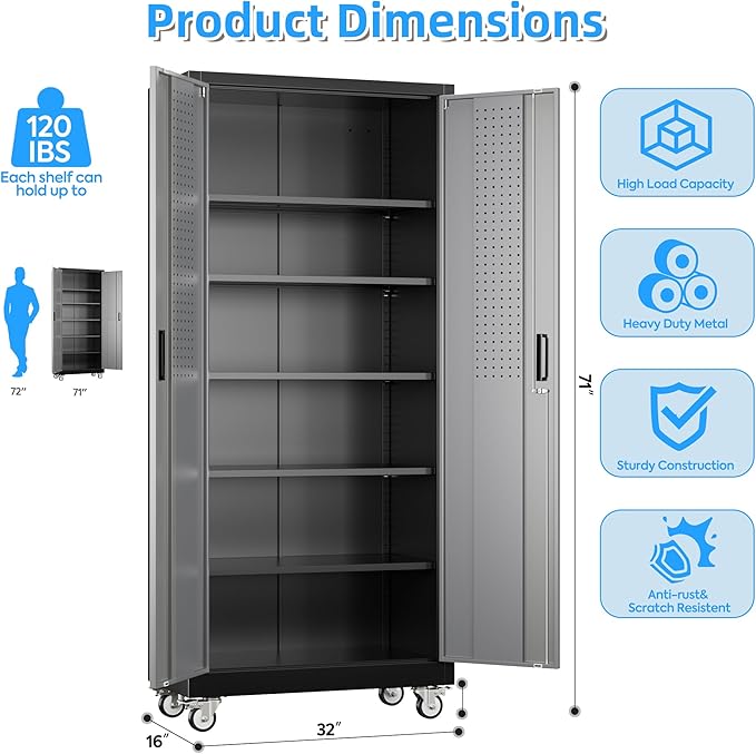 71" H×32" W×16" D Garage Storage Cabinet with Wheels & Pegboard, Locking Metal Storage Cabinet with Doors and 5 Adjustable Shelves & & 4 Hooks for Garage Warehouse Home Office, Black and Gray-VerdiqueGarden