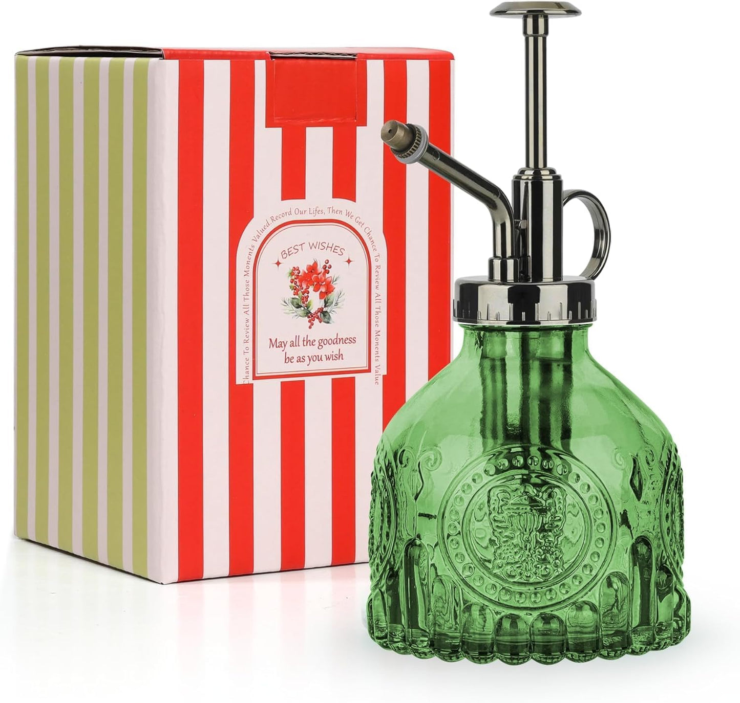 T4U Glass Plant Mister 200ML, Vintage Spray Bottle with Top Pump, Fine Mist Garden Flower Sprayer Small Decorative Spritzer Watering Can Gift for Indoor Outdoor Succulent House Plant (Green)-VerdiqueGarden