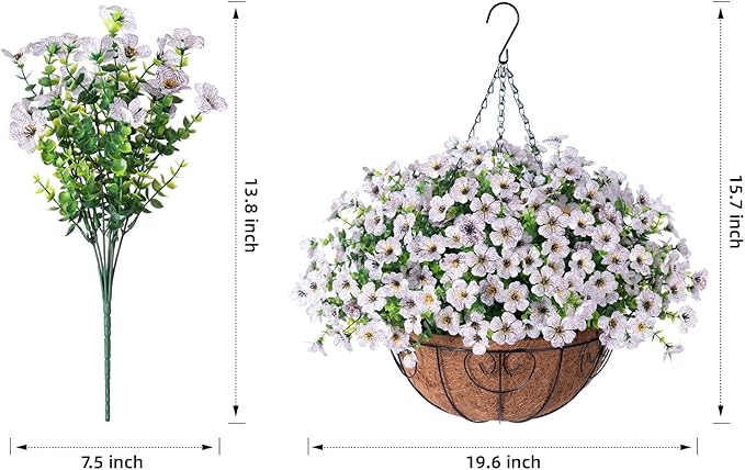 Artificial Fake Hanging White Plants Flowers Basket for Outdoor Fall Winter, Faux Silk Daisy in Planter Realistic UV Resistant for Christmas Outside Porch Home Patio Balcony Yard Decoration-VerdiqueGarden