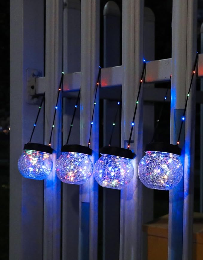 PARTPHONER Solar Lantern Solar Lights Outdoor Waterproof 6-Pack, Solar Powered Hanging Lights Cracked Glass Hanging Globes for Christmas Decoration, Shepherd Hook, Garden Tree Ornaments, Multi-Color-VerdiqueGarden