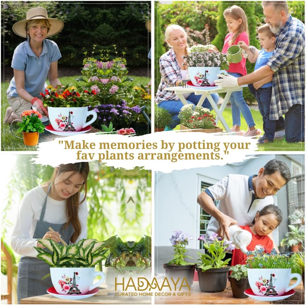 7.5" Ceramic Teacup Planter Pot with Saucer | Ideal for Succulents, Orchids, Herbs & Flowers | Indoor & Outdoor Use | Thoughtful Gift for Wedding & Home Decor & More - RED - Paris Eiffel Tower-VerdiqueGarden