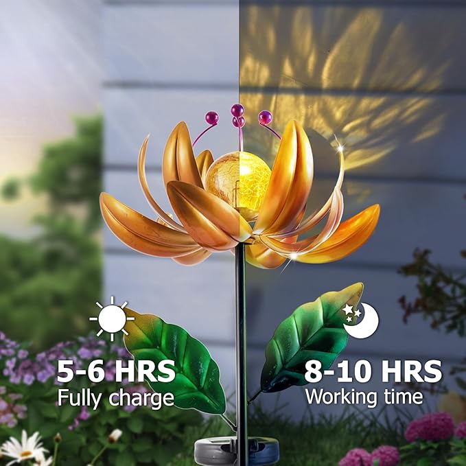 Solar Lights Wind Spinners for Yard and Garden - Metal Lotus Flower Windmills LED Crackle Glass Globe Outdoor Garden Decor Yard Art Lawn Ornament-VerdiqueGarden