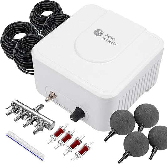AquaMiracle Pond Aeration Kit Pond Air Pump Koi Pond Aerator for Pond up to 3000 Gallons Pond Deicer All-in-One Pond Aeration System with 4-Outlet Airline Tubing Air Stones Check Valves-VerdiqueGarden