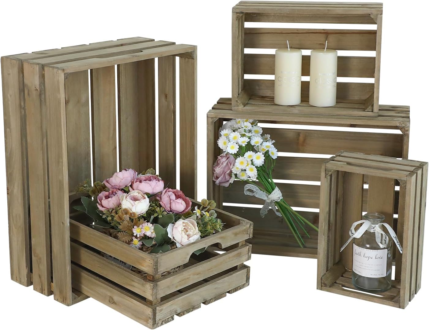 Large Wood Crates, Set of 5 Decorative Storage Box with Handles, Vintage Gray Farmhouse Wooden Crates for Decor, Wedding Birthday Home Party Living Room Kitchen Decoration-VerdiqueGarden