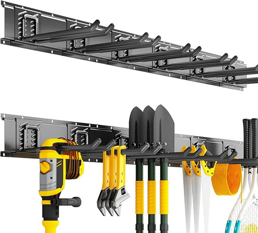 Garage Organization Tool Organizer Wall Mount, 48inch Heavy Duty Garden Tool organizer Storage System, Easy Install With 6 Adjustable Straight Hooks, For Garage, Basement, Shed, Workshop(Black)-VerdiqueGarden