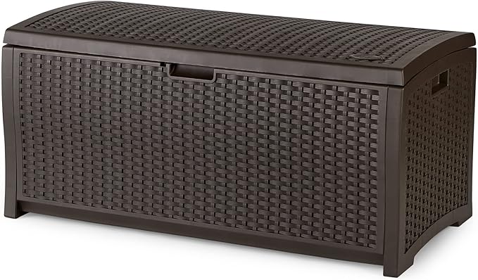 Suncast Outdoor Storage Box - 73 Gallon Mocha Brown Deck Box for Patio, Waterproof Outdoor Storage Bench, Resin Wicker Style, Heavy-Duty, Lockable Lid for Cushions, Shoes, Pool & Garden Gear-VerdiqueGarden