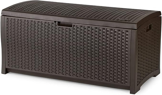 Suncast Outdoor Storage Box - 73 Gallon Mocha Brown Deck Box for Patio, Waterproof Outdoor Storage Bench, Resin Wicker Style, Heavy-Duty, Lockable Lid for Cushions, Shoes, Pool & Garden Gear-VerdiqueGarden