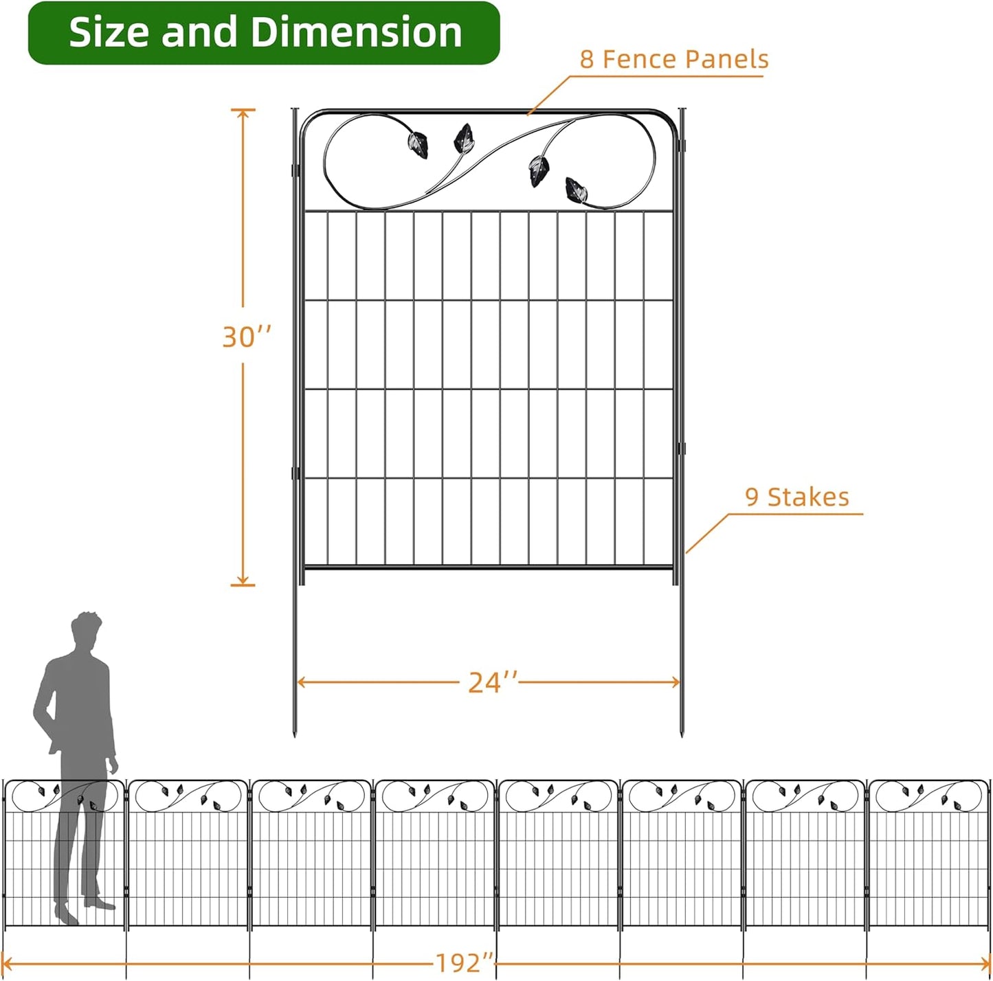 No Dig Decorative Garden Fencing 30in(H) X16ft(L) 8 Panels+9 Stakes Temporary Fence Metal Edging Patio Garden Fence Border for Flower Bed, Animal Barrier for Outdoor-VerdiqueGarden