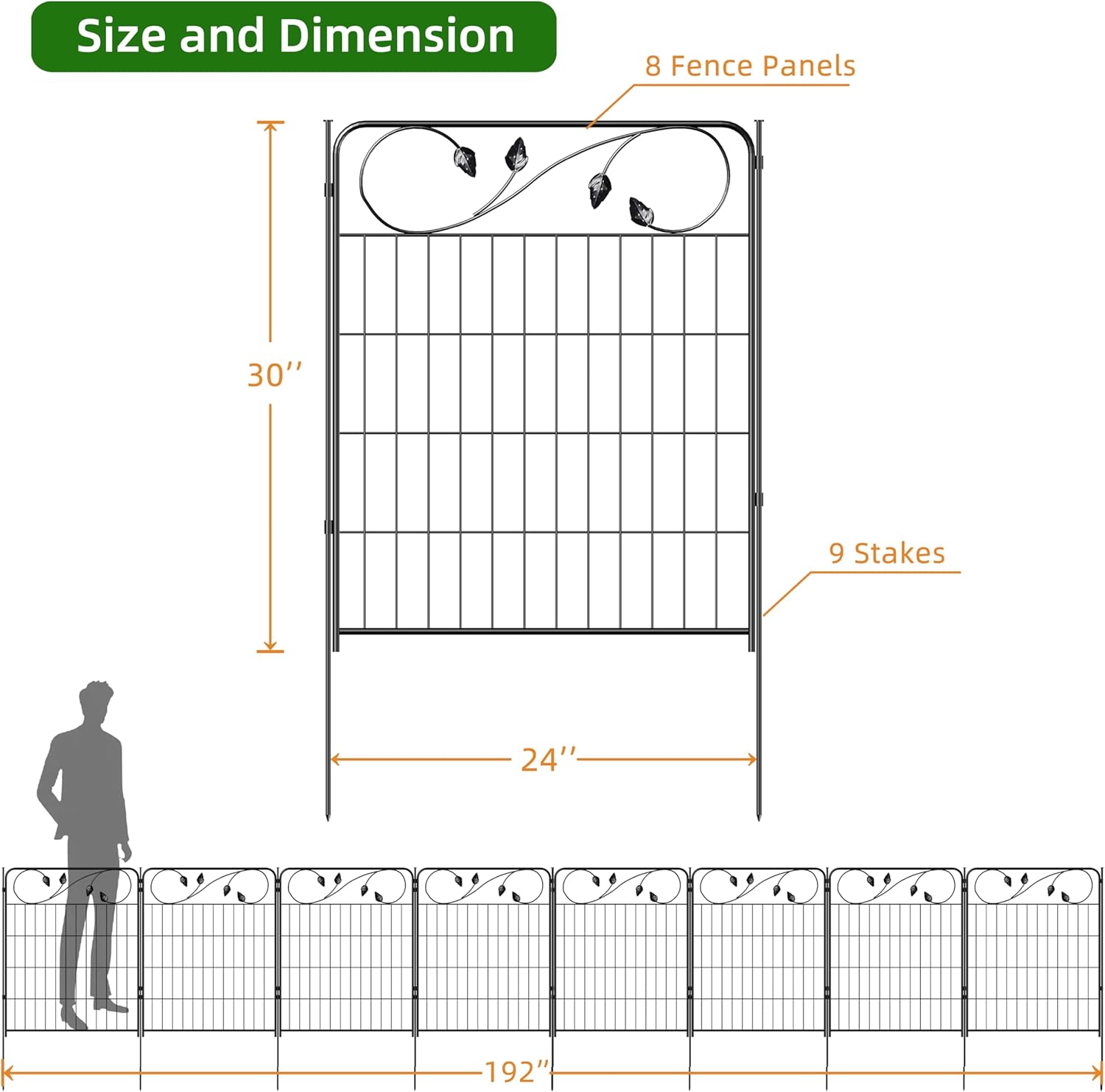 No Dig Decorative Garden Fencing 30in(H) X16ft(L) 8 Panels+9 Stakes Temporary Fence Metal Edging Patio Garden Fence Border for Flower Bed, Animal Barrier for Outdoor-VerdiqueGarden