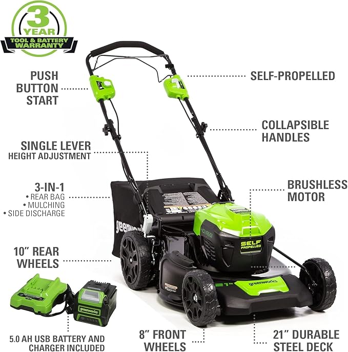 Greenworks 40V 21" Self-Propelled Lawn Mower,Axial Leaf Blower(500 CFM / 120 MPH),13" String Trimmer, 160 PSI Portable Tire Inflator, Includes 2 Batteries(5Ah+2Ah) & Chargers-VerdiqueGarden