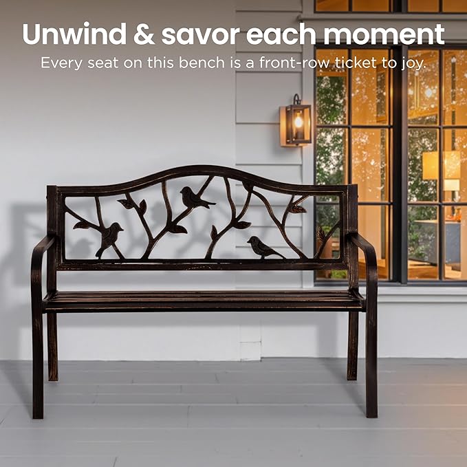 PHI VILLA Outdoor Garden Park Bench Patio 50" Metal Bench, Steel Frame Bench with Backrest and Armrests for Porch, Lawn, Balcony, Backyard and Indoor, Bronze-VerdiqueGarden