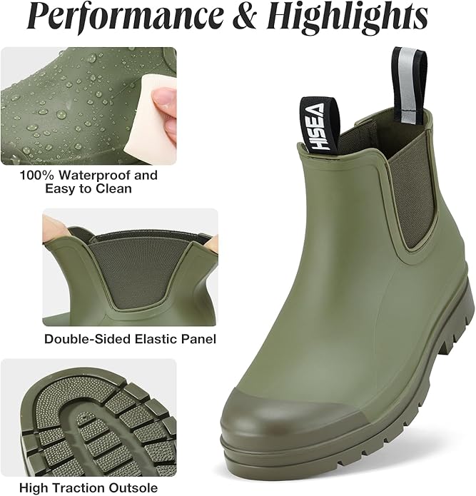 HISEA Women's Short Rain Boots Waterproof Garden Shoes Rubber Chelsea Boots Anti-Slipping Rainboots for Ladies with Comfort Insole Lightweight Stylish Ankle Rain Shoes Outdoor Work Booties-VerdiqueGarden