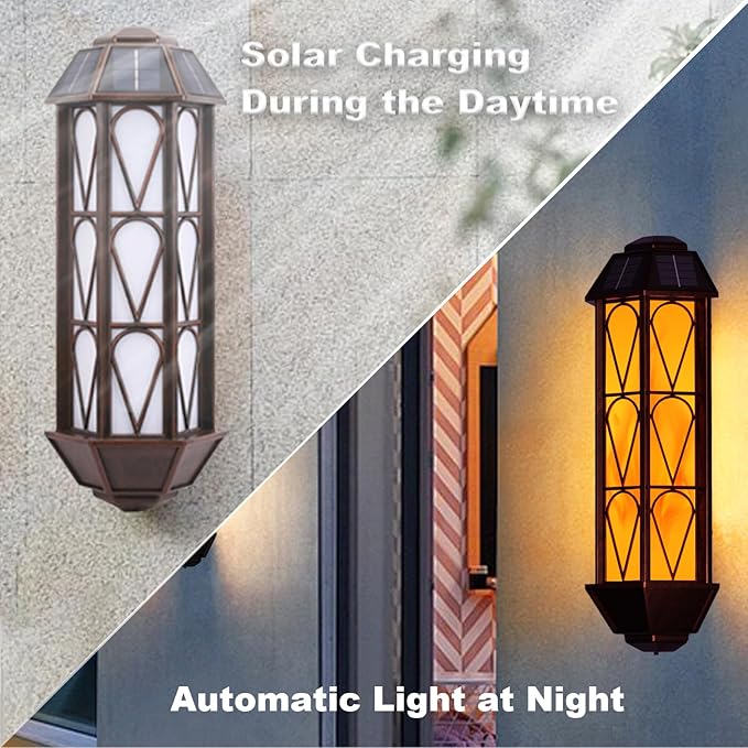 KINGLEAD Flickering Flame Solar Wall Lights Outdoor Waterproof, Light Sensor Outdoor Wall Lights with 2 Lighting Mode, Vintage Solar Wall Lights for House Garden Porch Backyard Patio, 2 Pack-VerdiqueGarden