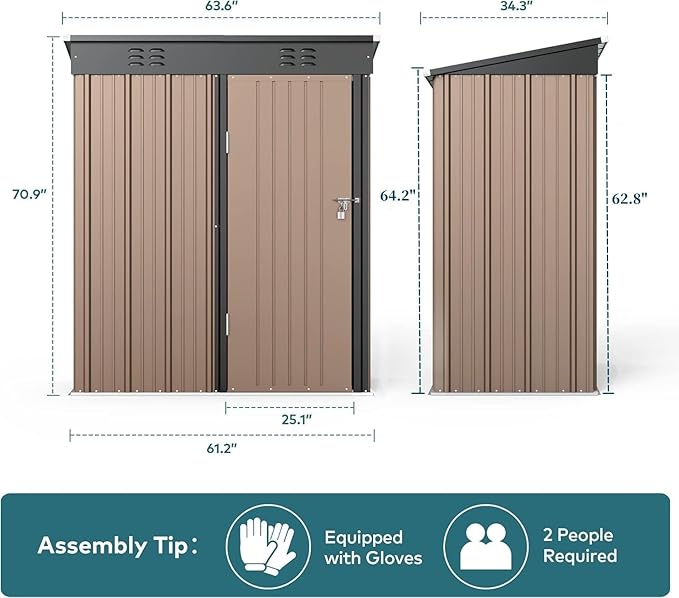 Gizoon 5' x 3' Outdoor Storage Shed with Singe Lockable Door,Galvanized Metal Shed with Air Vent Suitable for The Garden,Tiny House Storage Sheds Outdoor for Backyard Patio Lawn-Brown-VerdiqueGarden