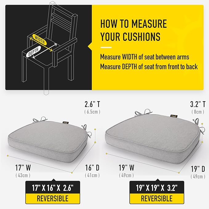 SUNROX Gel Memory Foam Chair Cushions, FadeShield Water-, Stain-Resistant Durable Reversible Seat Cushion Pads with Ties for Indoor/Outdoor Kitchen Dining Office 17"x16" Set of 2, Heather Grey-VerdiqueGarden