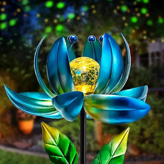 Solar Garden Lights Metal Flower Decor, Colorful Spinning Windmill Lotus Pathway Ligths with LED Cracked Crystal Ball Outdoor Decorative Stake Lighting Waterproof Flower Sculpture for Patio Yard-VerdiqueGarden
