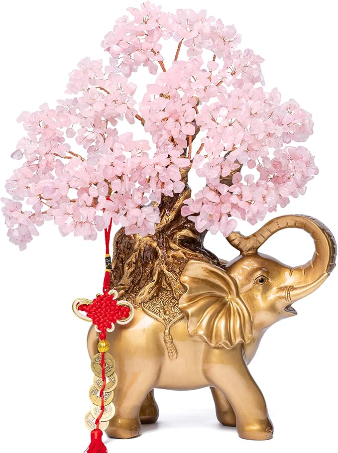 Rose Quartz Crystal Money Tree on Gold Elephant Statue, 17”Large Gemstone Bonsai Tree of Life Home Décor Gifts for Wealth Positive Energy, Feng Shui Décor-VerdiqueGarden