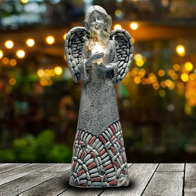 Angel Garden Statues Outdoor Solar Decor Gifts for Women Cross Praying for Cemetery Backyard Lawn Yard Decoration（10.24inch）-VerdiqueGarden