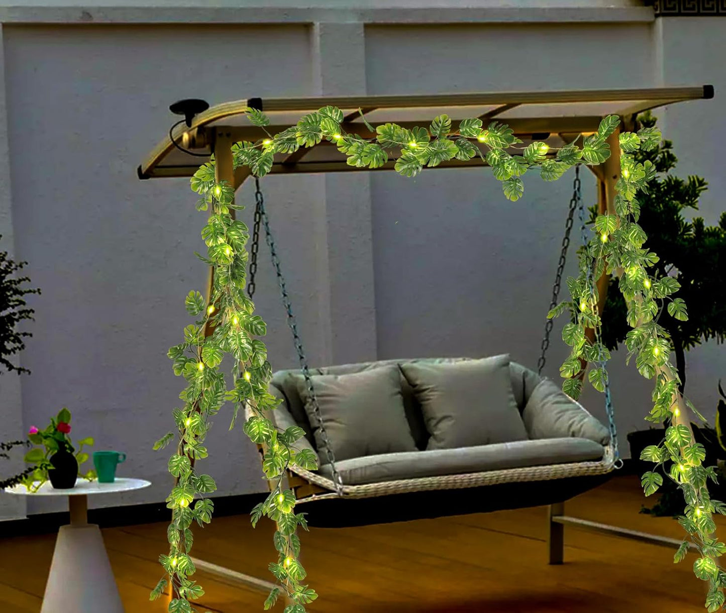 RECUTMS Artificial Monstera Leaf Vines Whit Light 2Pcs, 5.9FT Fake Hanging Ivy Plant Faux Tropical Palm Leaves Greenery Vine Garland Indoor Outdoor Garden Porch Patio Jungle Luau Birthday Party Décor-VerdiqueGarden