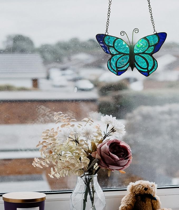 Blue Butterfly Suncatcher Stained Glass Window Hanging Panel Christmas Decor,Glass Butterfly Gift for Mom, Women 5.9×5.3Inch-VerdiqueGarden
