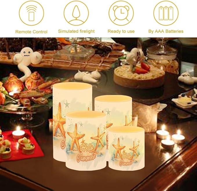 Flameless LED Candles Electric Candles with Remote Timer Control Color Changing Long Lasting Tealights Fake Candles Set of 4, Beach Themed Home Decoration, Starfish Hello Summer-VerdiqueGarden