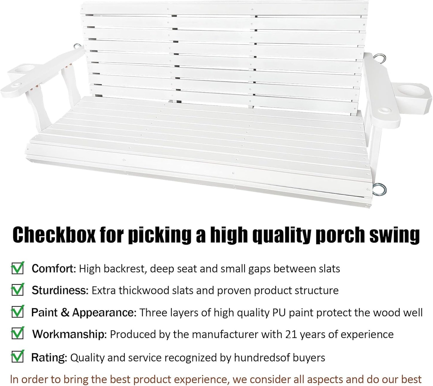 Wooden Porch Swing 3-Seater, High Backrest and Deep Seat, Bench Swing with Cupholders, Hanging Chains and 7mm Springs, Heavy Duty 880 LBS, for Outdoor Patio Garden (Pure White, 5 FT Extra Large)-VerdiqueGarden