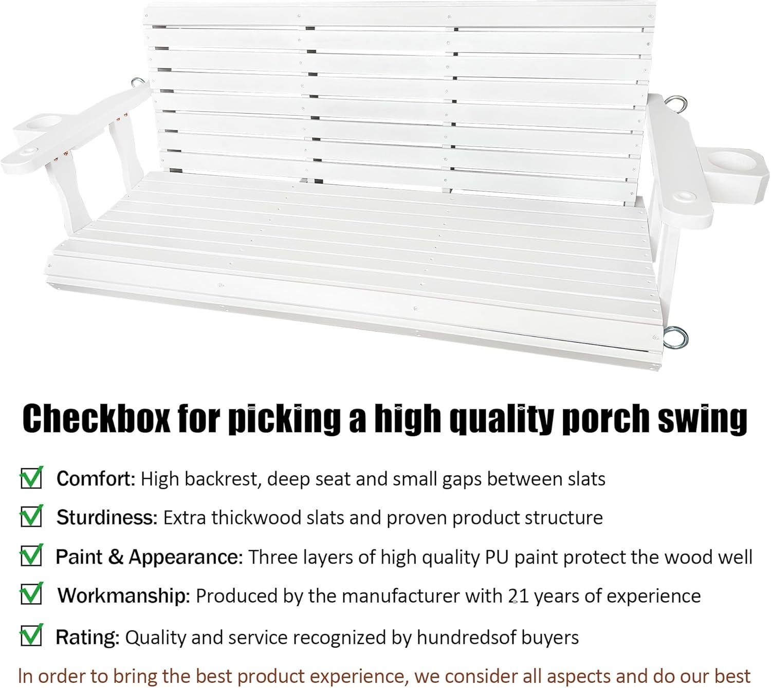 Wooden Porch Swing 3-Seater, High Backrest and Deep Seat, Bench Swing with Cupholders, Hanging Chains and 7mm Springs, Heavy Duty 880 LBS, for Outdoor Patio Garden (Pure White, 5 FT Extra Large)-VerdiqueGarden