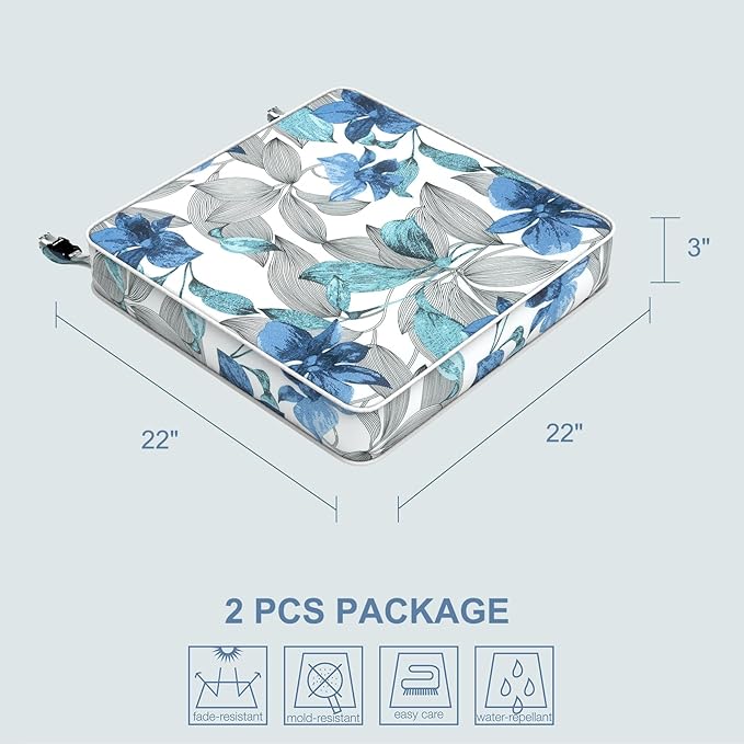 LVTXIII Patio Chair Cushions 22"x22"x3", Water-Repellent Outdoor Seat Cushions for Patio Furniture, Square Chair Pads with Ties for Home Garden Decoration, Set of 2, Clemens Noir Blue-VerdiqueGarden