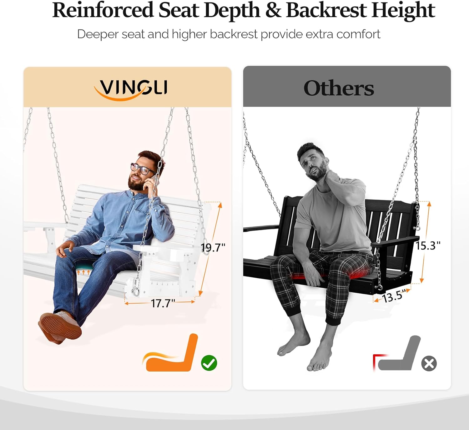 VINGLI XL Size Patio Wooden Porch Swing Outdoor with Cup Holders, Heavy Duty 880 LBS Hanging Swing Chair Bench with Hanging Chains for Yard, Lawn, Garden (4 FT Pro, White)-VerdiqueGarden