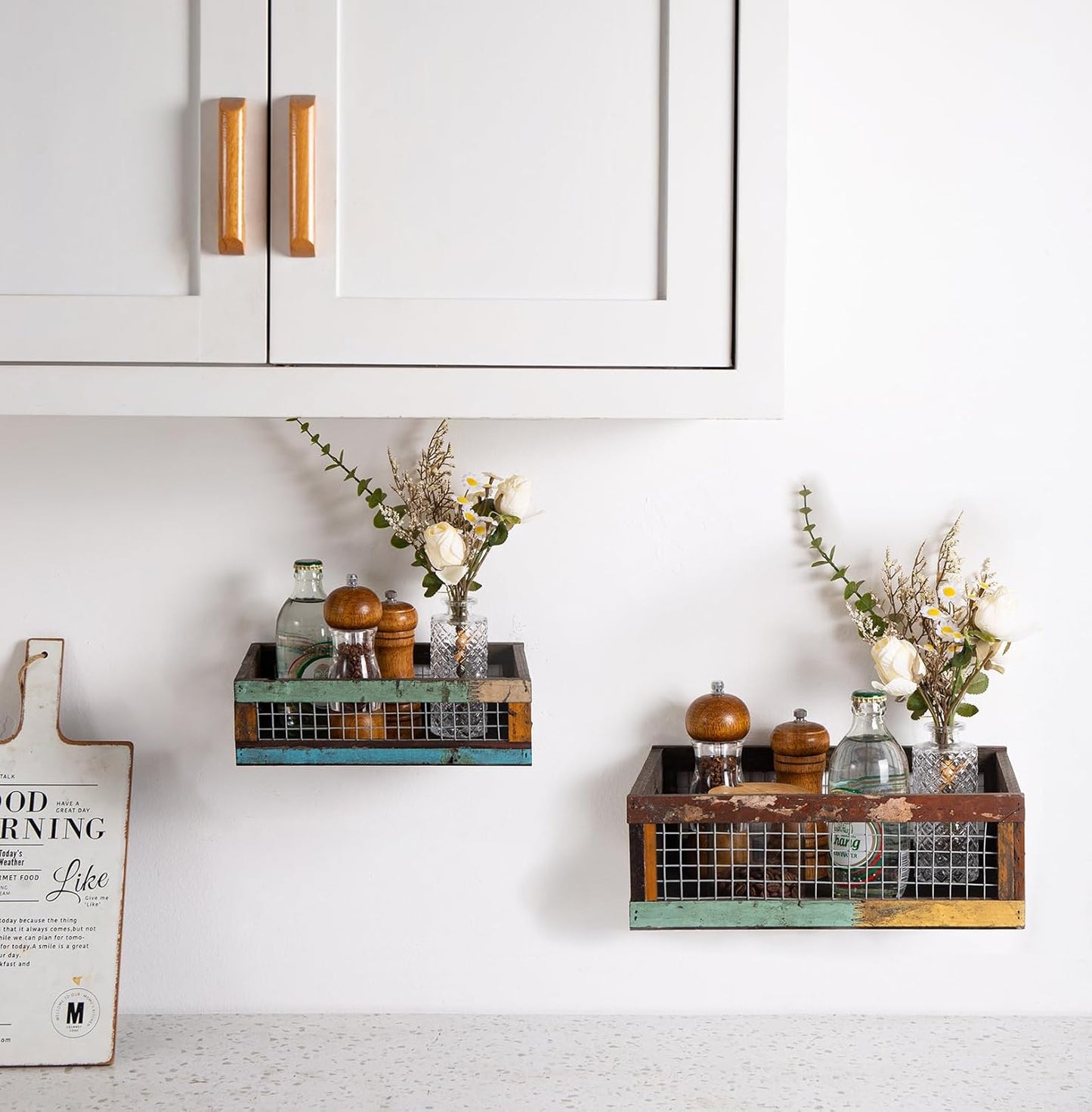 TIMRIS Set of 2 Rustic Wooden Countertop Baskets, Farmhouse Distressed Nesting Boxes, Small Decorative Wooden Storage Crates, Reclaimed Wood Organizer Baskets with Wire Mesh (Random)-VerdiqueGarden