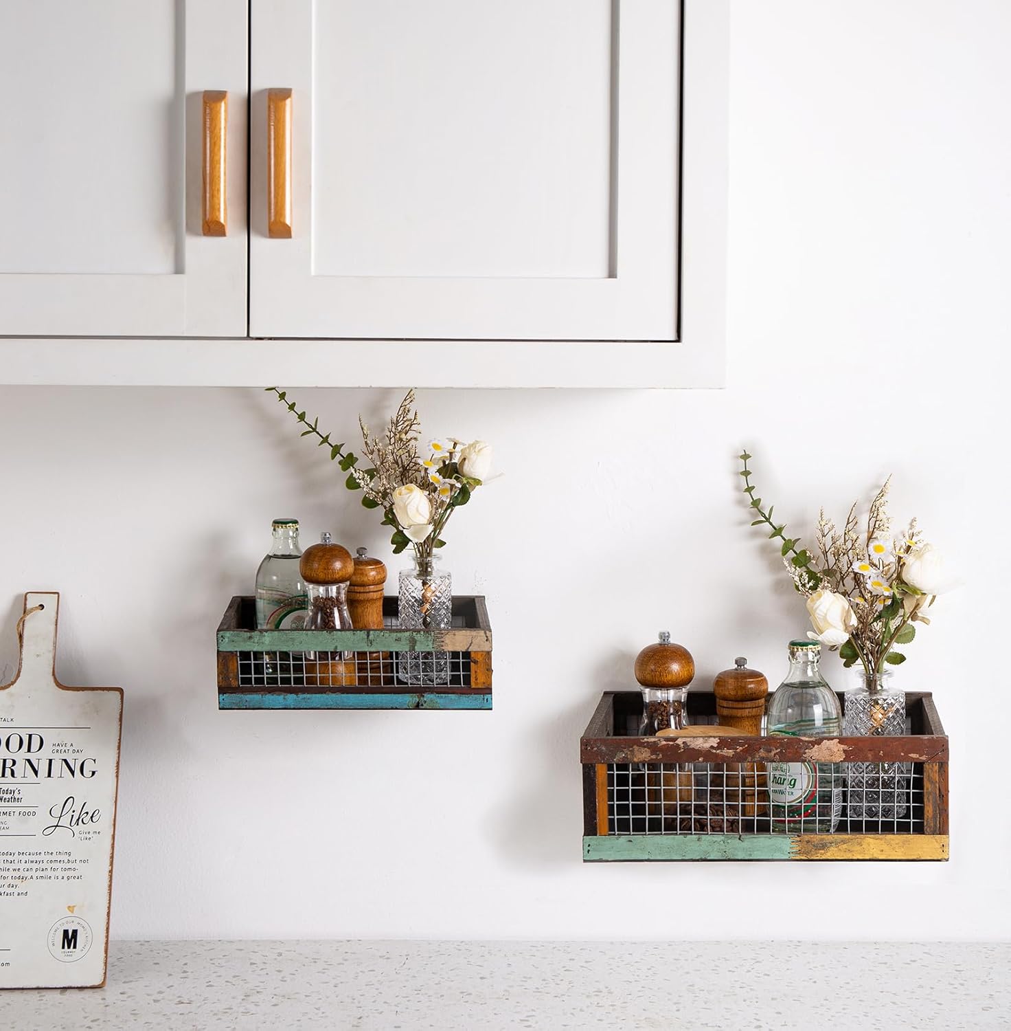 TIMRIS Set of 2 Rustic Wooden Countertop Baskets, Farmhouse Distressed Nesting Boxes, Small Decorative Wooden Storage Crates, Reclaimed Wood Organizer Baskets with Wire Mesh (Random)-VerdiqueGarden